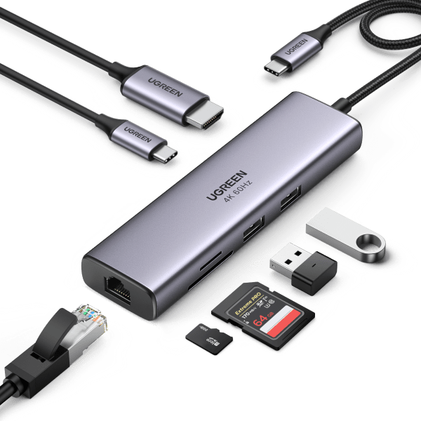 Portable 7-in-1 USB-C Hub — 4K HDMI, USB 3.0 & SD Card